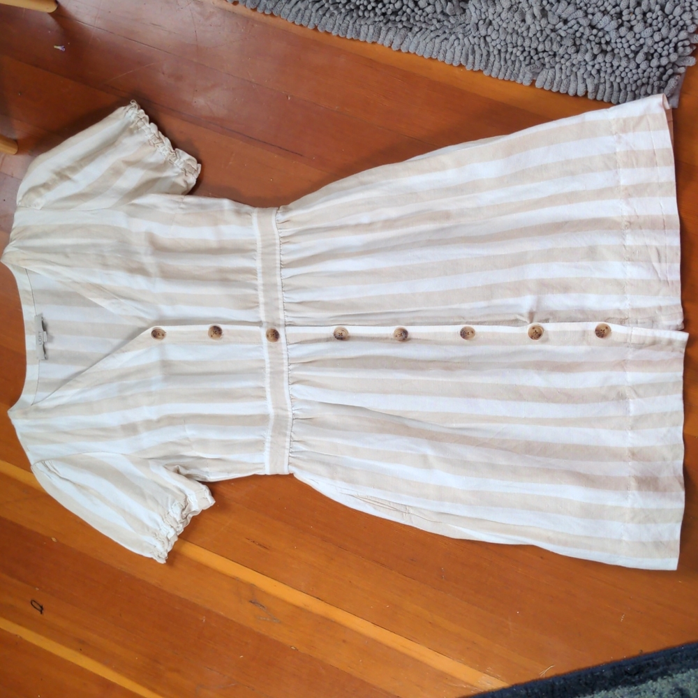Ann Taylor Loft Cream Beige Striped Linen Dress 10 Puff Sleeve Ruffle